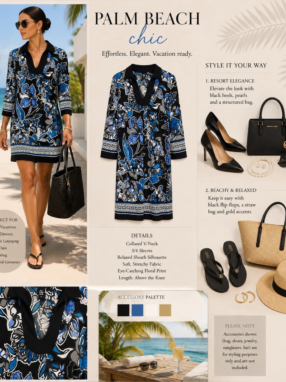 Saint Tropez West Black Floral V-Neck Tunic with Blue & Gray Blooms pullover
